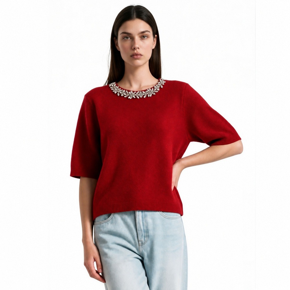 NEW Antonio Melani Kourtney Sweater Women's Size Large Red Wool Alpaca Crystals
